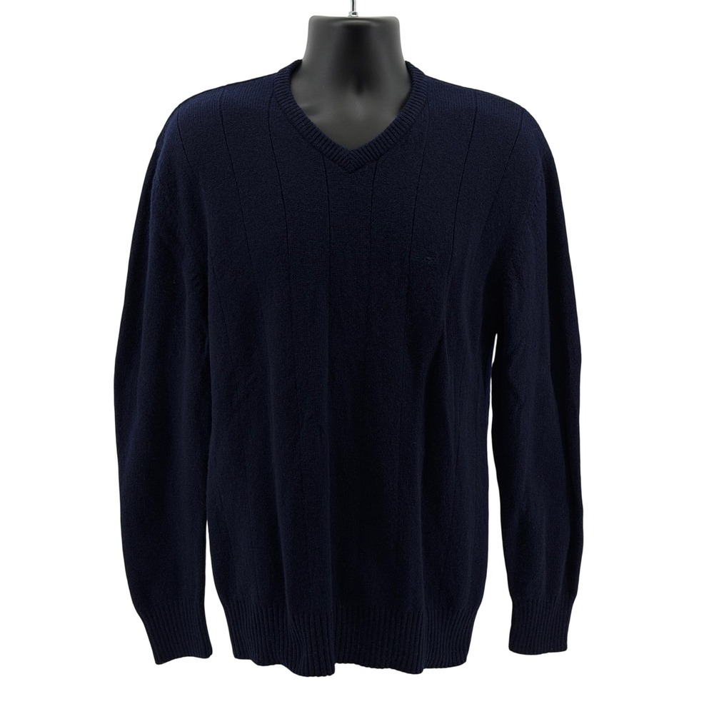 Crocodile Sweater Mens L Navy Blue V-Neck 100% Lambswool Ribbed Knit